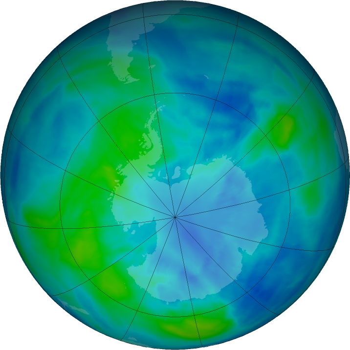 Antarctic ozone map for 31 March 2016